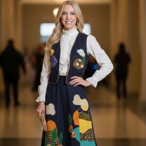 May include: A woman wearing a navy blue skirt and vest set with colorful patchwork designs. The skirt and vest feature floral, cloud, and abstract shapes in orange, yellow, and green. The outfit is paired with a white blouse with lace detailing.