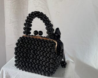 Black Beaded Tote Bag with Faux Pearl Embellishments | Stylish & Durable Leather Handbag