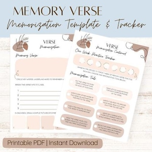 May include: Printable memory verse memorization template and tracker with a pink and brown color scheme. The template includes a section for writing the verse, circling key words, and drawing pictures. The tracker includes a section for checking off daily memorization practices.
