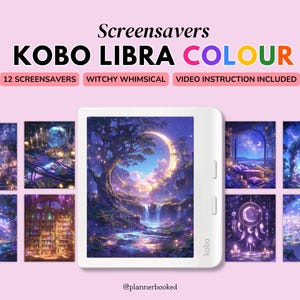 May include: A Kobo Libra Colour e-reader with a purple and blue screensaver featuring a crescent moon, a waterfall, and a forest. The text "KOBO LIBRA COLOUR" is displayed above the e-reader. The text "12 SCREENSAVERS" is displayed below the e-reader.