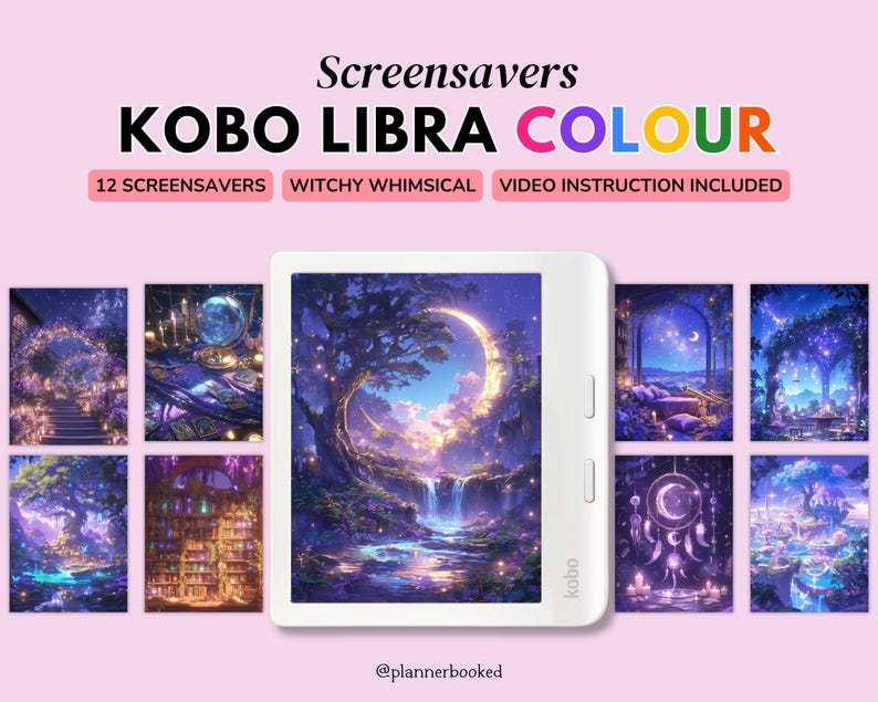 May include: A Kobo Libra Colour e-reader with a purple and blue screensaver featuring a crescent moon, a waterfall, and a forest. The text "KOBO LIBRA COLOUR" is displayed above the e-reader. The text "12 SCREENSAVERS" is displayed below the e-reader.