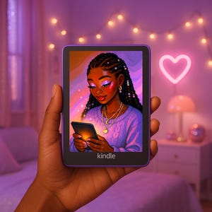 Puede incluir: Un lector de libros electrónicos Kindle morado que muestra una ilustración de una mujer mirando un teléfono. La mujer de la ilustración lleva un suéter morado y joyas. El Kindle tiene la palabra "kindle" impresa en la parte inferior. El fondo es de un morado suave.