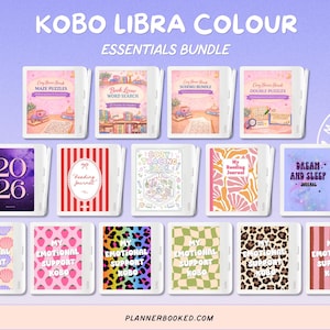 Op de afbeelding: Een Kobo Libra Colour Essentials-bundel met zestien e-readers die verschillende digitale covers weergeven, waaronder doolhofpuzzels, woordzoekers, sudoku's, leesdagboeken en ontwerpen met de tekst My Emotional Support Kobo.