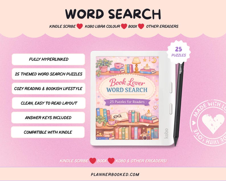 Puede incluir: Un lector electr&oacute;nico blanco con un l&aacute;piz &oacute;ptico negro, con el texto "Book Lover Word Search" y "25 Puzzles for Readers." La imagen tambi&eacute;n incluye texto sobre las caracter&iacute;sticas del producto, como 25 rompecabezas tem&aacute;ticos y un dise&ntilde;o limpio.