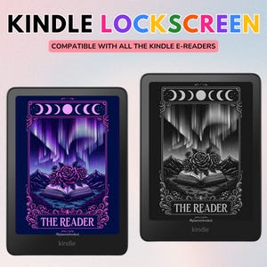 May include: Two Kindle e-reader screens displaying a digital illustration of a book with roses and a moonlit sky. The text on the screen reads "The Reader" with the hashtag #planetbookish and the word "kindle".