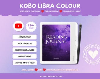 Puede incluir: Un lector electrónico Kobo Libra Colour blanco con un lápiz óptico negro, que muestra una portada de diario de lectura con temática de galaxia púrpura. La pantalla muestra texto que incluye Hyperlinked, Book Trackers, Reading Challenges, Book Reviews y How to Import Video.