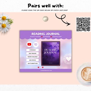 Puede incluir: Un diario de lectura digital en morado y blanco. Incluye hiperv&iacute;nculos, rastreadores de libros y desaf&iacute;os de lectura. La imagen tambi&eacute;n presenta un c&oacute;digo QR, una taza de caf&eacute; y margaritas.