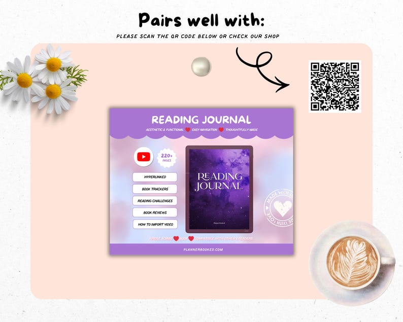 Puede incluir: Un diario de lectura digital en morado y blanco. Incluye hiperv&iacute;nculos, rastreadores de libros y desaf&iacute;os de lectura. La imagen tambi&eacute;n presenta un c&oacute;digo QR, una taza de caf&eacute; y margaritas.
