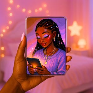 May include: A phone case featuring a digital illustration of a Black woman with braided hair, wearing a purple sweater and gold jewelry, looking at a glowing phone. The background is a soft gradient of pink and purple.