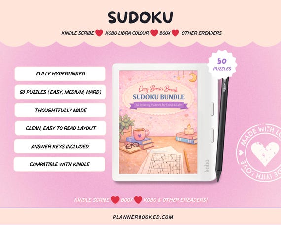 Sudoku Puzzle Book for Kobo Libra Colour & Kindle Scribe – 50 Hyperlinked Puzzles