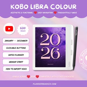 May include: A white Kobo Libra Colour e-reader with a black stylus, showing a 2026 planner. The image includes text such as "Aesthetic & Functional," "Easy Navigation," and "Dated Planner." The e-reader is compatible with Kindle Scribe and Boox.