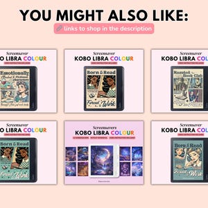 May include: A promotional image featuring six Kobo Libra Colour e-readers with different screensaver designs. Each e-reader displays a unique vintage-style illustration. The text "YOU MIGHT ALSO LIKE:" and "links to shop in the description" are at the top.