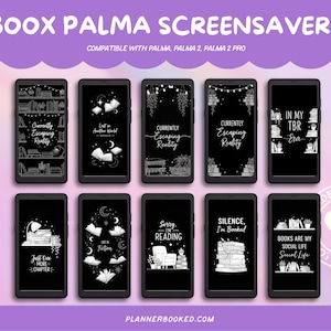 Könnte beinhalten: Eine Sammlung schwarzer Smartphone-Bildschirmschoner mit weißen Illustrationen und Text. Die Bildschirmschoner zeigen Designs zum Thema Bücher mit Sätzen wie "Currently Escaping Reality" und "Books are my Social Life". Der obere Text lautet "BOOX PALMA SCREENSAVERS."