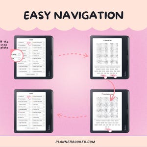 Puede incluir: Una ilustraci&oacute;n que muestra la f&aacute;cil navegaci&oacute;n de un dispositivo de lectura digital. La imagen muestra el texto "EASY NAVIGATION" y muestra el dispositivo con una lista de verificaci&oacute;n y un rompecabezas de b&uacute;squeda de palabras. Tambi&eacute;n es visible la direcci&oacute;n del sitio web PLANNERBOOKED.COM.