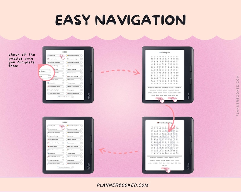 Puede incluir: Una ilustraci&oacute;n que muestra la f&aacute;cil navegaci&oacute;n de un dispositivo de lectura digital. La imagen muestra el texto "EASY NAVIGATION" y muestra el dispositivo con una lista de verificaci&oacute;n y un rompecabezas de b&uacute;squeda de palabras. Tambi&eacute;n es visible la direcci&oacute;n del sitio web PLANNERBOOKED.COM.