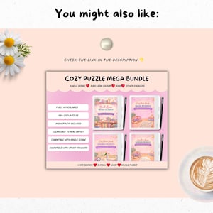 Puede incluir: Un paquete de productos digitales titulado "COZY PUZZLE MEGA BUNDLE" con cuatro portadas de libros de rompecabezas. Las portadas son rosas y blancas con ilustraciones. El texto incluye "Word Search", "Sudoku" y "Maze". La imagen tambi&eacute;n incluye texto: "You might also like:" y "CHECK THE LINK IN THE DESCRIPTION".