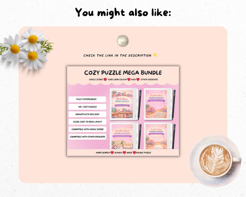 Puede incluir: Un paquete de productos digitales titulado "COZY PUZZLE MEGA BUNDLE" con cuatro portadas de libros de rompecabezas. Las portadas son rosas y blancas con ilustraciones. El texto incluye "Word Search", "Sudoku" y "Maze". La imagen tambi&eacute;n incluye texto: "You might also like:" y "CHECK THE LINK IN THE DESCRIPTION".