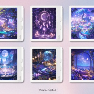 May include: Six digital e-reader devices with white frames and black screens displaying different fantasy-themed images. The images feature a variety of elements, including a moon, stars, a dreamcatcher, a crystal ball, and a magical forest.