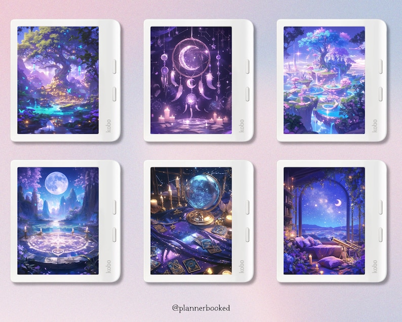 May include: Six digital e-reader devices with white frames and black screens displaying different fantasy-themed images. The images feature a variety of elements, including a moon, stars, a dreamcatcher, a crystal ball, and a magical forest.