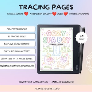 Könnte beinhalten: Ein schwarzer E-Reader zeigt ein digitales Nachzeichenbuch mit dem Titel COZY SPA DAY und einer bunten Illustration von zwei Charakteren in Bademänteln. Der Bildschirm zeigt 30 Seiten und ein Eingabestift ist an der Seite befestigt. Text umfasst TRACING PAGES, FULLY HYPERLINKED und COMPATIBLE WITH STYLUS-ENABLED EREADERS.