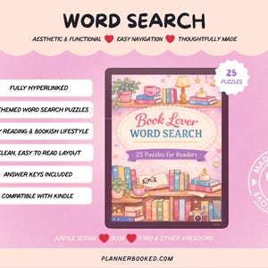Puede incluir: Un libro de rompecabezas de b&uacute;squeda de palabras digitales titulado "Book Lover Word Search" con 25 rompecabezas. La portada presenta una ilustraci&oacute;n de estanter&iacute;a con libros, una l&aacute;mpara y una taza de caf&eacute;. El texto incluye "Fully Hyperlinked" y "Compatible with Kindle."