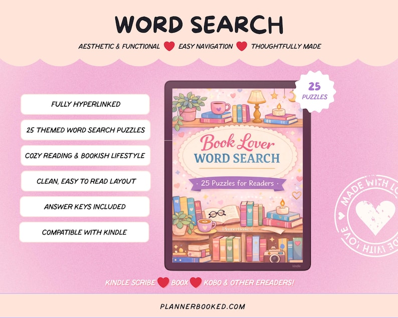 Puede incluir: Un libro de rompecabezas de b&uacute;squeda de palabras digitales titulado "Book Lover Word Search" con 25 rompecabezas. La portada presenta una ilustraci&oacute;n de estanter&iacute;a con libros, una l&aacute;mpara y una taza de caf&eacute;. El texto incluye "Fully Hyperlinked" y "Compatible with Kindle."