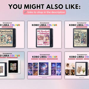 May include: Six digital screensaver images for the Kobo Libra Colour e-reader. The screensavers feature a variety of designs, including a book with a heart, a haunted book club, a starry night sky, and a group of people reading.