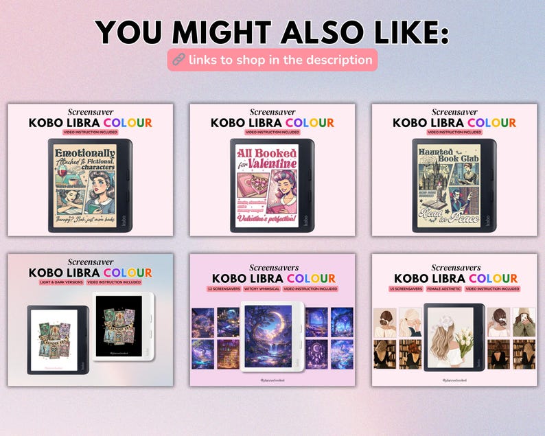 May include: Six digital screensaver images for the Kobo Libra Colour e-reader. The screensavers feature a variety of designs, including a book with a heart, a haunted book club, a starry night sky, and a group of people reading.