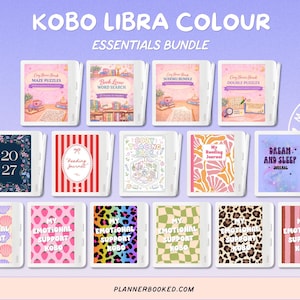 May include: A Kobo Libra Colour Essentials Bundle featuring fourteen white e-readers displaying various digital covers including puzzle books, reading journals, and patterned designs with text like My Emotional Support Kobo and Dream and Sleep.
