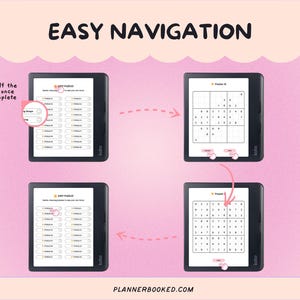 Pu&ograve; includere: Immagine con la scritta "EASY NAVIGATION" sopra quattro schermi di tablet digitali. Gli schermi mostrano interfacce di puzzle, con frecce che indicano i passaggi di navigazione. &Egrave; visibile anche il testo "check off the puzzles once you complete them".
