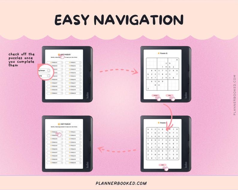 Pu&ograve; includere: Immagine con la scritta "EASY NAVIGATION" sopra quattro schermi di tablet digitali. Gli schermi mostrano interfacce di puzzle, con frecce che indicano i passaggi di navigazione. &Egrave; visibile anche il testo "check off the puzzles once you complete them".