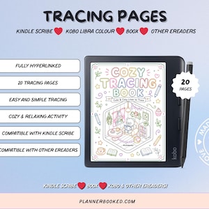 Può includere: Un e-reader nero con stilo mostra una copertina colorata di "Cozy Tracing Book". L'immagine include il testo: "Tracing Pages", "Fully Hyperlinked", "20 Tracing Pages" e "Cozy & Relaxing Activity". Compatibile con Kindle Scribe e altri e-reader.