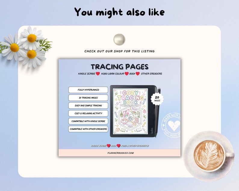 Pu&ograve; includere: Annuncio di un libro di tracciamento per e-reader. L'immagine mostra un e-reader nero che mostra il "Cozy Tracing Book" con 20 pagine. Il testo include "Tracciamento facile e semplice". Lo sfondo &egrave; azzurro con una margherita e una tazza di caff&egrave;.