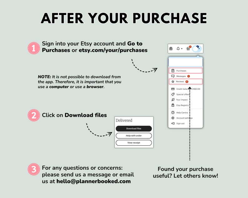 May include: A light green graphic with instructions on how to download a purchase from Etsy. The text includes steps to access purchases, download files, and contact information for support. The image also includes a screenshot of the Etsy website.