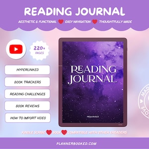 Puede incluir: Un diario de lectura digital con una portada temática de galaxia púrpura. El diario presenta el título "Reading Journal" en blanco, con detalles como "Hyperlinked", "Book Trackers" y "Reading Challenges". La imagen también incluye un icono de YouTube y el texto "220+ páginas."