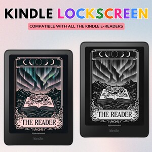 May include: Two Kindle e-readers showing a custom lockscreen design. The design features a black and white illustration of an open book with roses, mountains, and an aurora borealis scene. The text "THE READER" is displayed below the book.