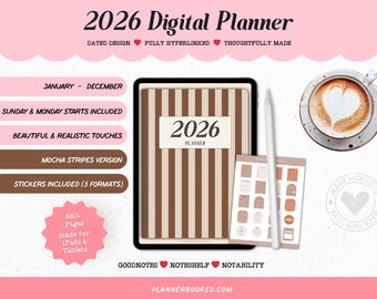 2026 Digital Planner for GoodNotes - Vertical Dated Planner for iPad, Notability & Tablet | Mocha Stripes Calendar