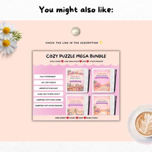 Pu&ograve; includere: Un pacchetto di prodotti digitali intitolato "COZY PUZZLE MEGA BUNDLE" con quattro copertine di libri di puzzle. Le copertine sono rosa e bianche con illustrazioni. Il testo include "Word Search", "Sudoku" e "Maze". L'immagine include anche il testo: "CHECK THE LINK IN THE DESCRIPTION".