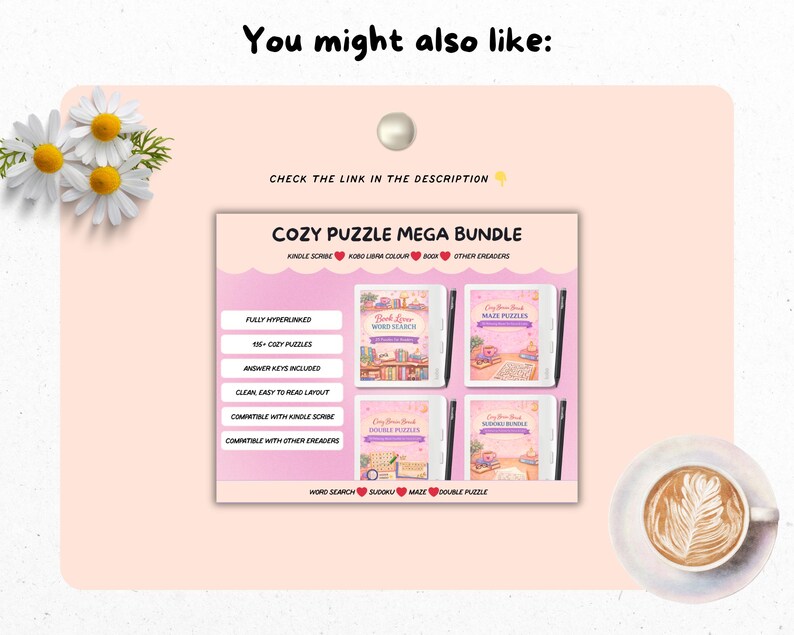 Pu&ograve; includere: Un pacchetto di prodotti digitali intitolato "COZY PUZZLE MEGA BUNDLE" con quattro copertine di libri di puzzle. Le copertine sono rosa e bianche con illustrazioni. Il testo include "Word Search", "Sudoku" e "Maze". L'immagine include anche il testo: "CHECK THE LINK IN THE DESCRIPTION".
