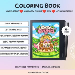 Può includere: Un libro da colorare digitale per e-reader con un tablet nero che mostra un'illustrazione colorata di una casa a forma di teiera con il testo Cozy Corners. Lo schermo mostra 35+ pagine da colorare, completamente collegate e compatibili con Kindle Scribe, Kobo Libra Colour e Boox. Uno stilo è fissato sul lato.