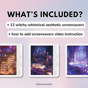 May include: A digital illustration of three e-reader screensavers with a witchy whimsical aesthetic. The screensavers feature a bookshelf with glowing bottles, a magical scene with a crystal ball, and a bathtub in a forest.