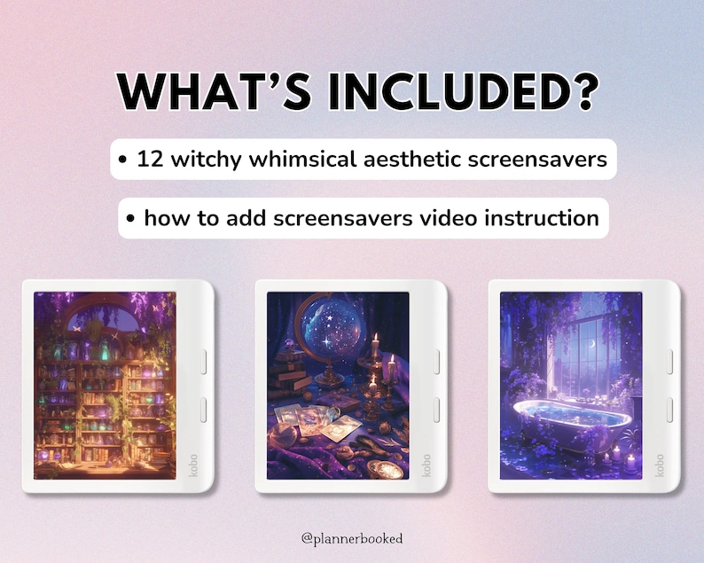 May include: A digital illustration of three e-reader screensavers with a witchy whimsical aesthetic. The screensavers feature a bookshelf with glowing bottles, a magical scene with a crystal ball, and a bathtub in a forest.