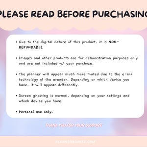 Puede incluir: Una hoja de informaci&oacute;n de producto digital con el texto "POR FAVOR, LEA ANTES DE COMPRAR" en la parte superior. La hoja incluye detalles sobre la no reembolsabilidad, fines de demostraci&oacute;n, tecnolog&iacute;a de e-reader, efecto fantasma y uso personal. El fondo es rosa y blanco.