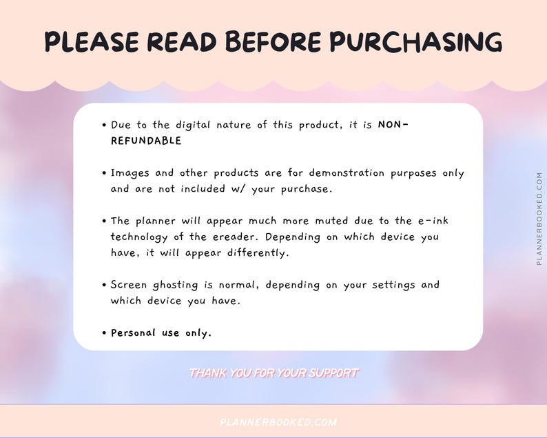 Puede incluir: Una hoja de informaci&oacute;n de producto digital con el texto "POR FAVOR, LEA ANTES DE COMPRAR" en la parte superior. La hoja incluye detalles sobre la no reembolsabilidad, fines de demostraci&oacute;n, tecnolog&iacute;a de e-reader, efecto fantasma y uso personal. El fondo es rosa y blanco.