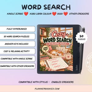 Puede incluir: Un lector electrónico digital que muestra la portada de un libro Cozy Word Search con un gato durmiendo, una taza y una cuadrícula de sopa de letras. La pantalla indica 50 puzzles, letra grande y claves de respuesta. Texto incluye Kindle Scribe.