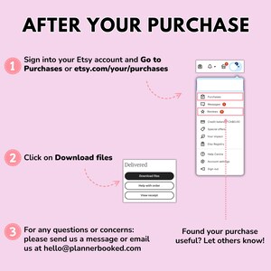 May include: A step-by-step guide on how to download digital files purchased on Etsy. The image shows a computer screen with a screenshot of the Etsy website, highlighting the "Purchases" and "Download files" buttons. The image also includes text explaining the process.