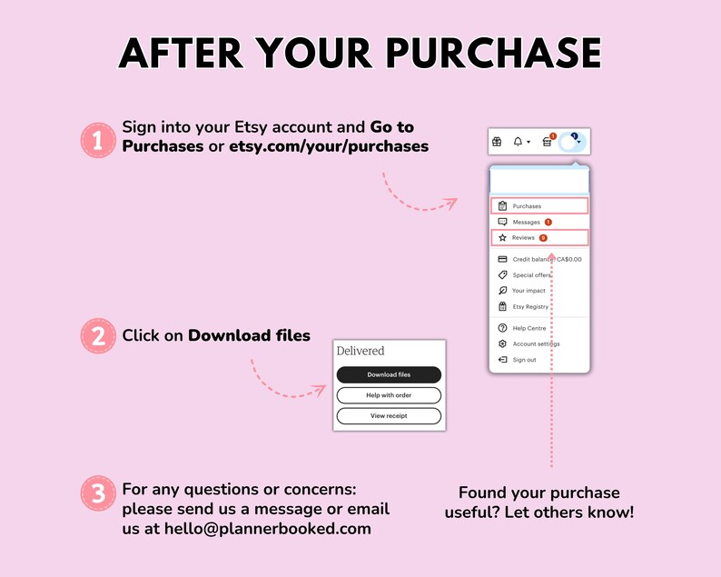 May include: A step-by-step guide on how to download digital files purchased on Etsy. The image shows a computer screen with a screenshot of the Etsy website, highlighting the "Purchases" and "Download files" buttons. The image also includes text explaining the process.