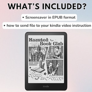 May include: A black and white Kindle e-reader displaying a screensaver with the text "Haunted Book Club" and "Read in Peace".
