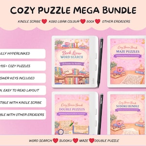 May include: A digital puzzle bundle for e-readers featuring four white tablets with styluses. The screens display Book Lover Word Search, Maze Puzzles, Double Puzzles, and Sudoku Bundle. Text includes Fully Hyperlinked, 135+ Cozy Puzzles, and Answer Keys Included.