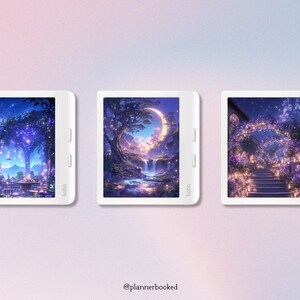 May include: Three white e-readers with different fantasy-themed images on their screens. The images feature a moon, stars, and a waterfall. The e-readers are all from the Kobo brand.